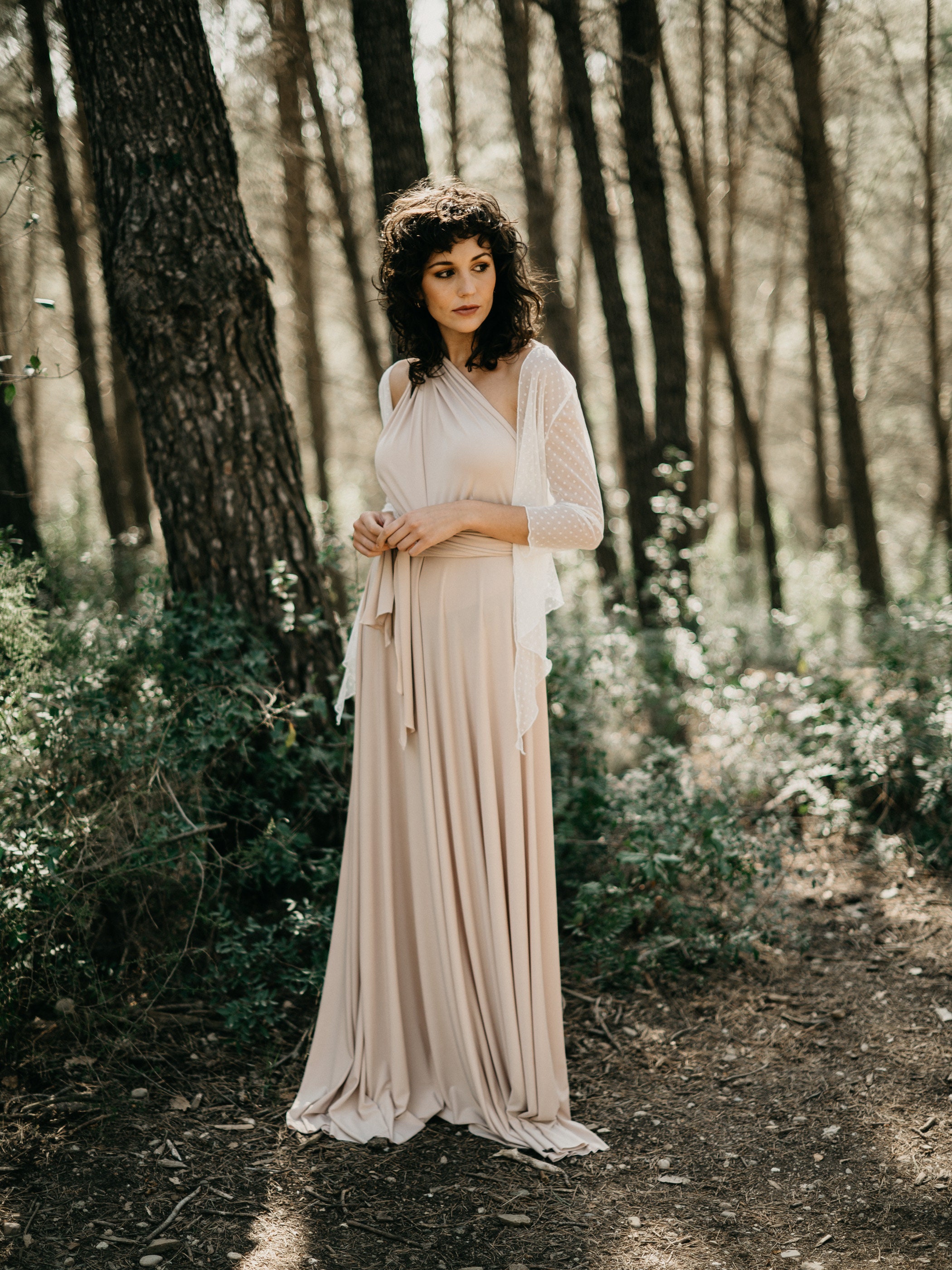 Ivory Polka Dot Tulle Jacket, Champagne Infinity Dress, 3/4