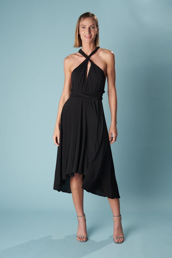 Multi-Way Black Midi Dress: Convertible Bridesmaid or Cocktail Dress