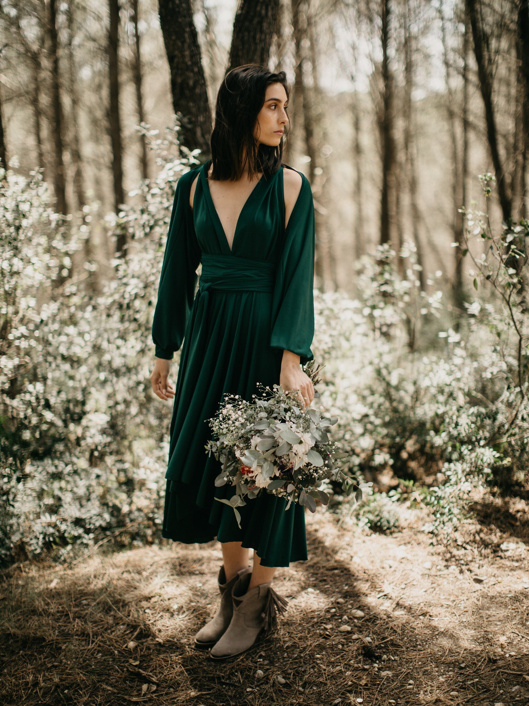 Jersey Green Long Sleeves, Top With Long Sleeves, Midi Dress
