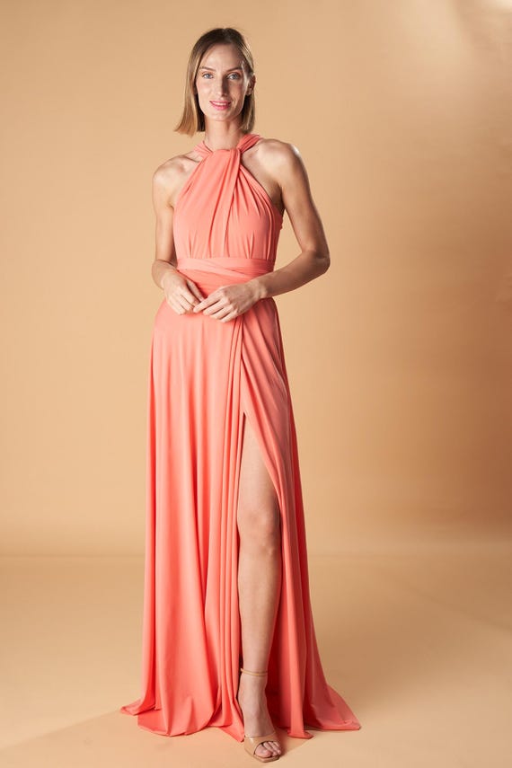 Salmon Infinity Dress: Convertible Bridesmaid Gown, Slit Party Dress - Etsy
