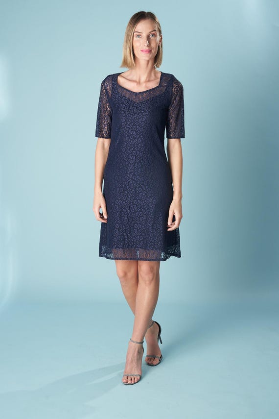 Boho Lace Mini Dress: Navy Short Sleeve Wedding Guest Dress