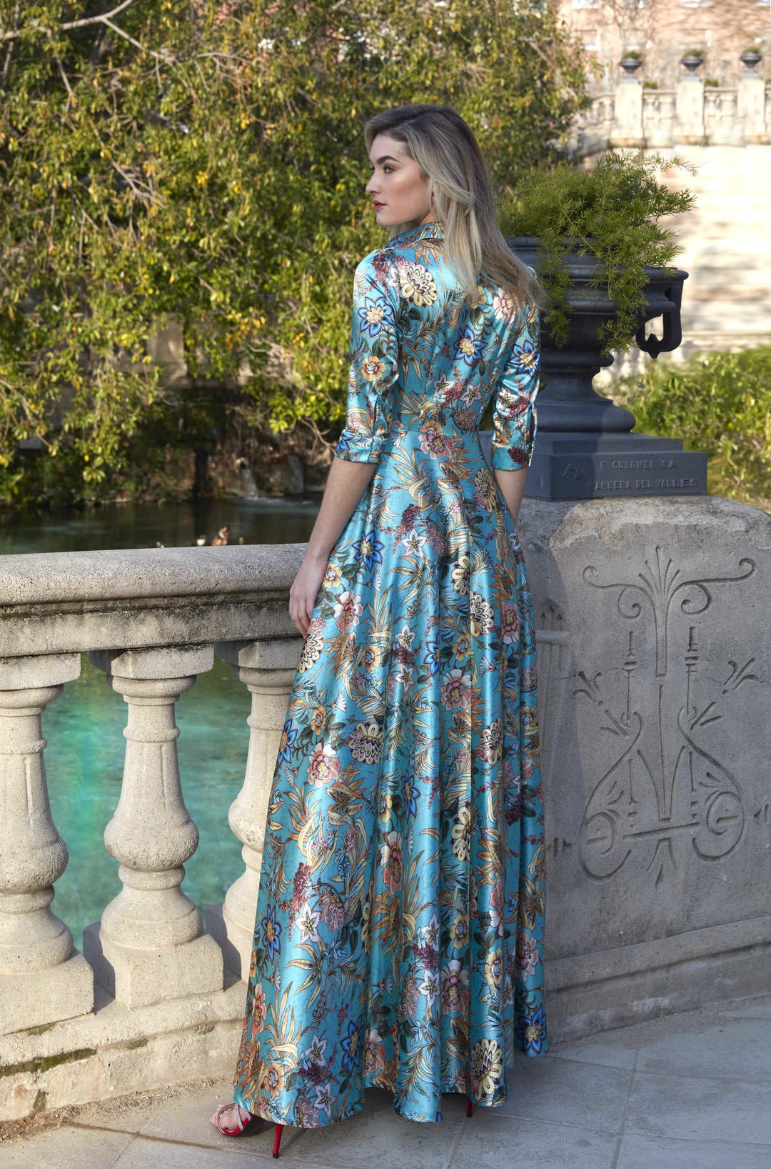 Floral Satin Shirtdress: Button Front, 3/4 Sleeves