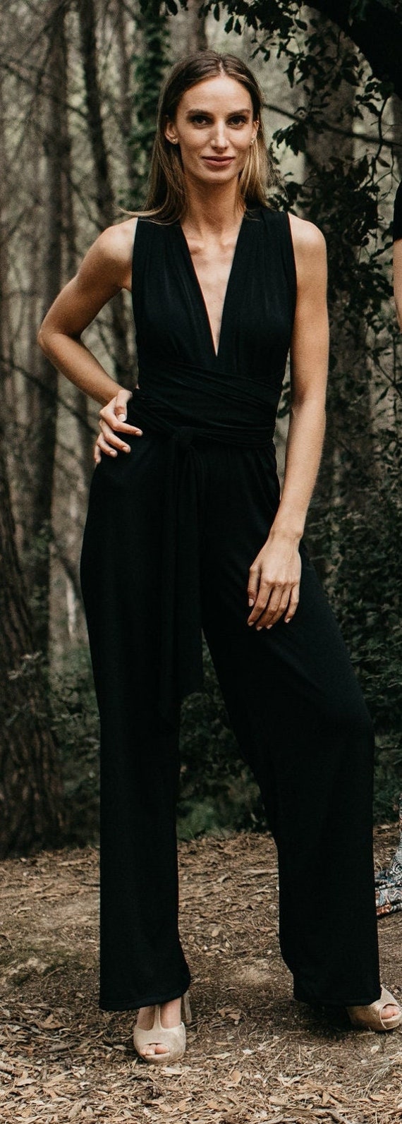 Black Wedding Jumpsuit, Infinity Pantsuit, Wrap Bridesmaid