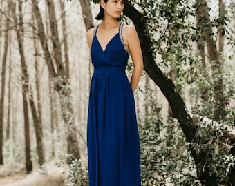 Vestido largo azul: escote en V y tirantes metálicos - Eventos de noche
