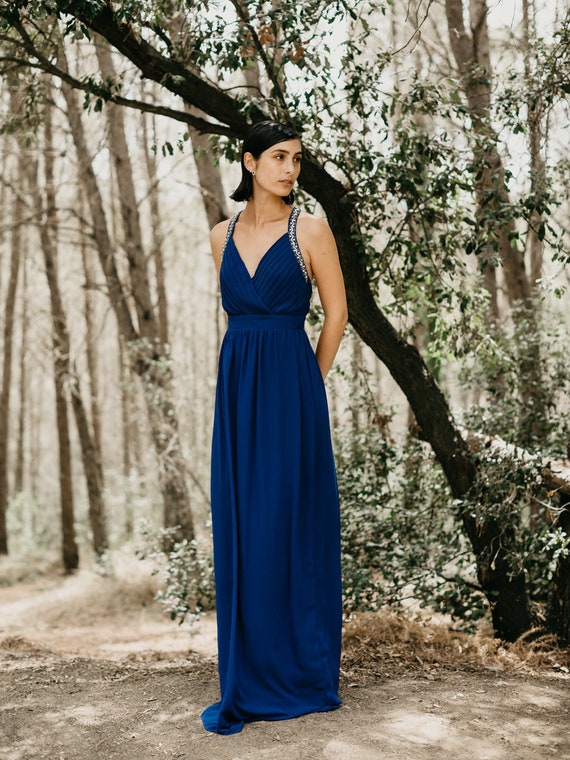 Blue Long Dress: V Neckline, Metallic Straps - Evening Events - Etsy