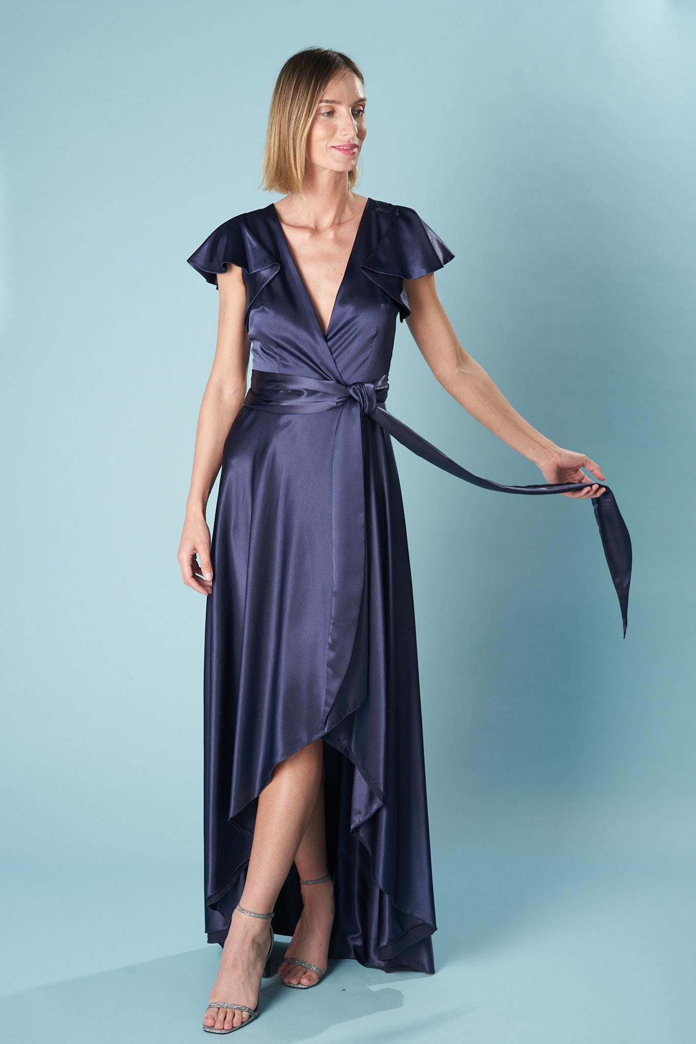 asymmetrical satin wrap dress Womens Metallic Knit And Satin Asymmetrical Wrap Midi Dress Darker Wavs main image 1