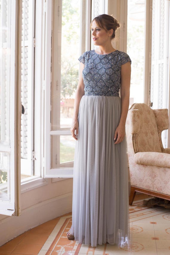 Maxi Gray Tulle Skirt: Elegant Bridesmaid Party Dress