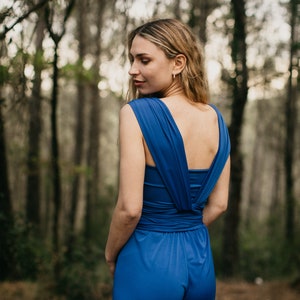 Cobalt Jersey Wedding Jumpsuit for Women, Convertible Bridesmaid Jumpsuit, Infinity Wrap Romper for Women, Royal Blue Palazzo, Convertible. image 4