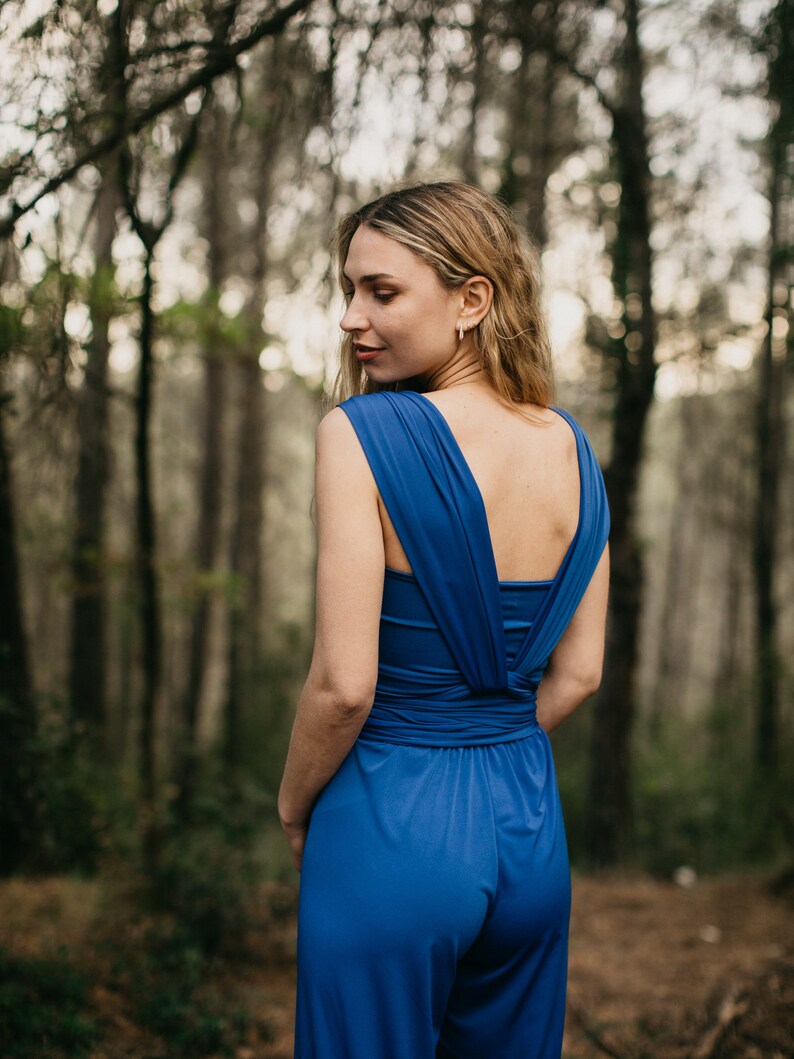 Cobalt Jersey Wedding Jumpsuit for Women, Convertible Bridesmaid Jumpsuit, Infinity Wrap Romper for Women, Royal Blue Palazzo, Convertible. image 4