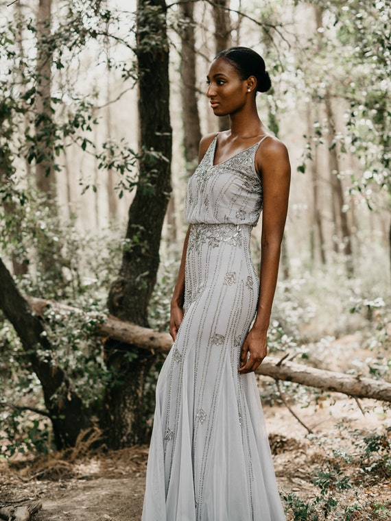 Long Grey Beaded Party Dress: Elegant V Neck Guest Dress