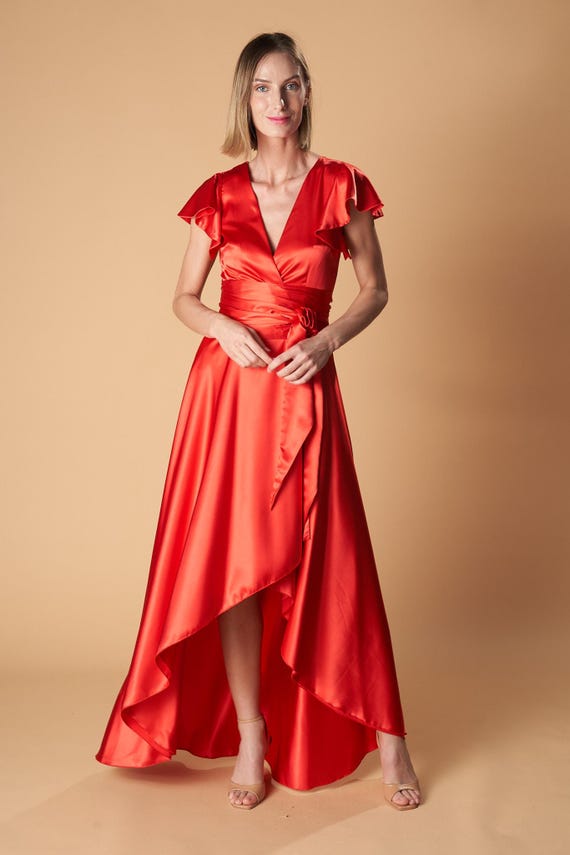 Satin Wrap Dress: Asymmetric Flounce, Wedding Guest Gown