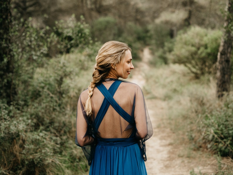 Navy Tulle Top Shrug, Top Bolero in Tulle, Mini Dress Cobalt, Long Sleeve Formal Bolero, Long Sleeve Boho Bolero, Evening Tulle Top Bolero. image 5