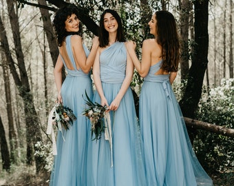 Long Light blue Evening Dress with Jeans Tulle Overskirt, Long Infinity Dress, Infinity Bridesmaid Dress, Removable Jeans Tulle Overskirt.