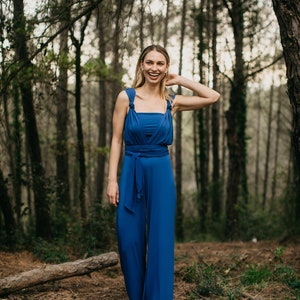 Cobalt Jersey Wedding Jumpsuit for Women, Convertible Bridesmaid Jumpsuit, Infinity Wrap Romper for Women, Royal Blue Palazzo, Convertible. image 2