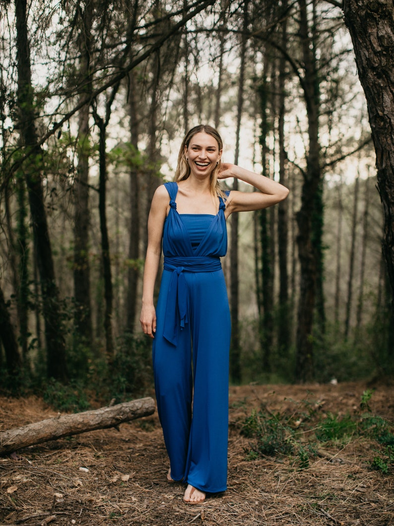 Cobalt Jersey Wedding Jumpsuit for Women, Convertible Bridesmaid Jumpsuit, Infinity Wrap Romper for Women, Royal Blue Palazzo, Convertible. image 2