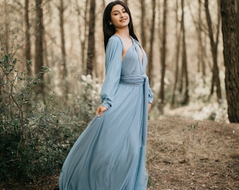 Jeans Evening Dress, Jeans Infinity Dress, Jersey Long Sleeves, Jeans Removable Tulle Skirt, Gown Wedding Dress with Jeans Jersey Sleeves.