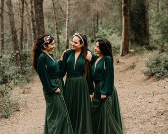 Green Evening Dress, Green Infinity Dress, Jersey Long Sleeves, Khaki Removable Tulle Skirt, Gown Wedding Dress with Green Jersey Sleeves.
