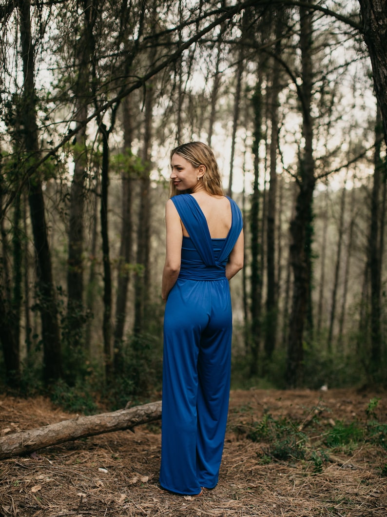 Cobalt Jersey Wedding Jumpsuit for Women, Convertible Bridesmaid Jumpsuit, Infinity Wrap Romper for Women, Royal Blue Palazzo, Convertible. image 5