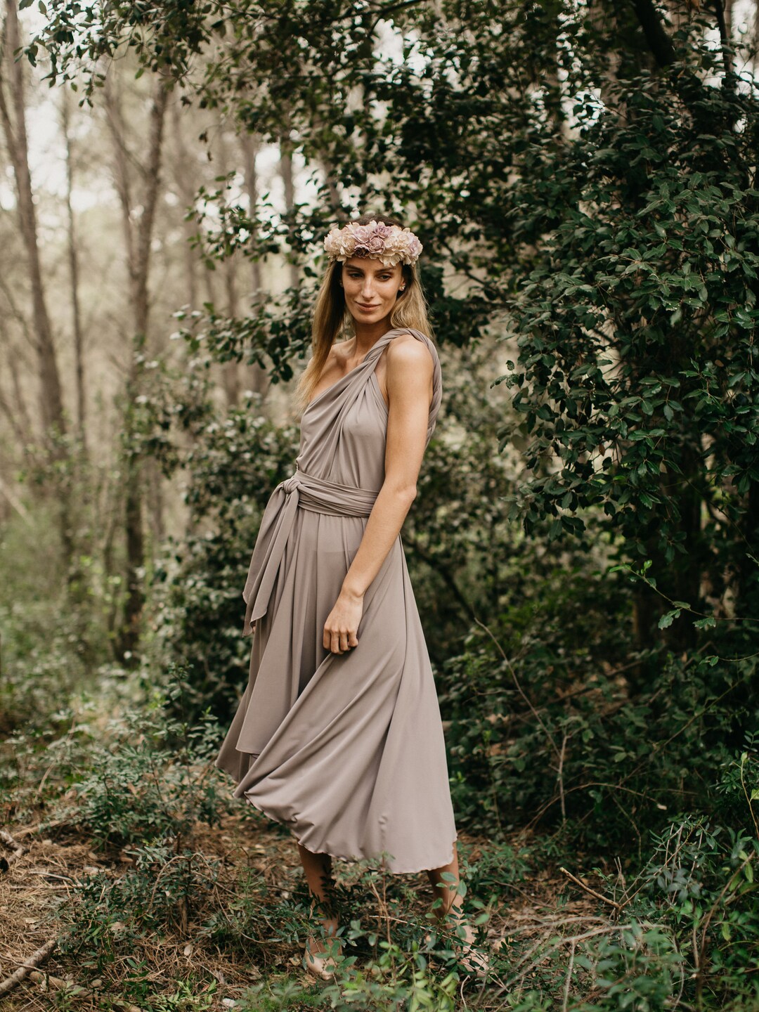 Asymmetrical Dress, Mink Bridesmaid Dress, High Low Wedding Dress, Prom Wrap Dress, Midi Mink