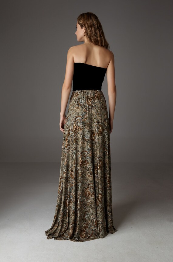 green emerald velvet dress Maxi Dress with Sleeves Elegant Floral Paisley Black Gold