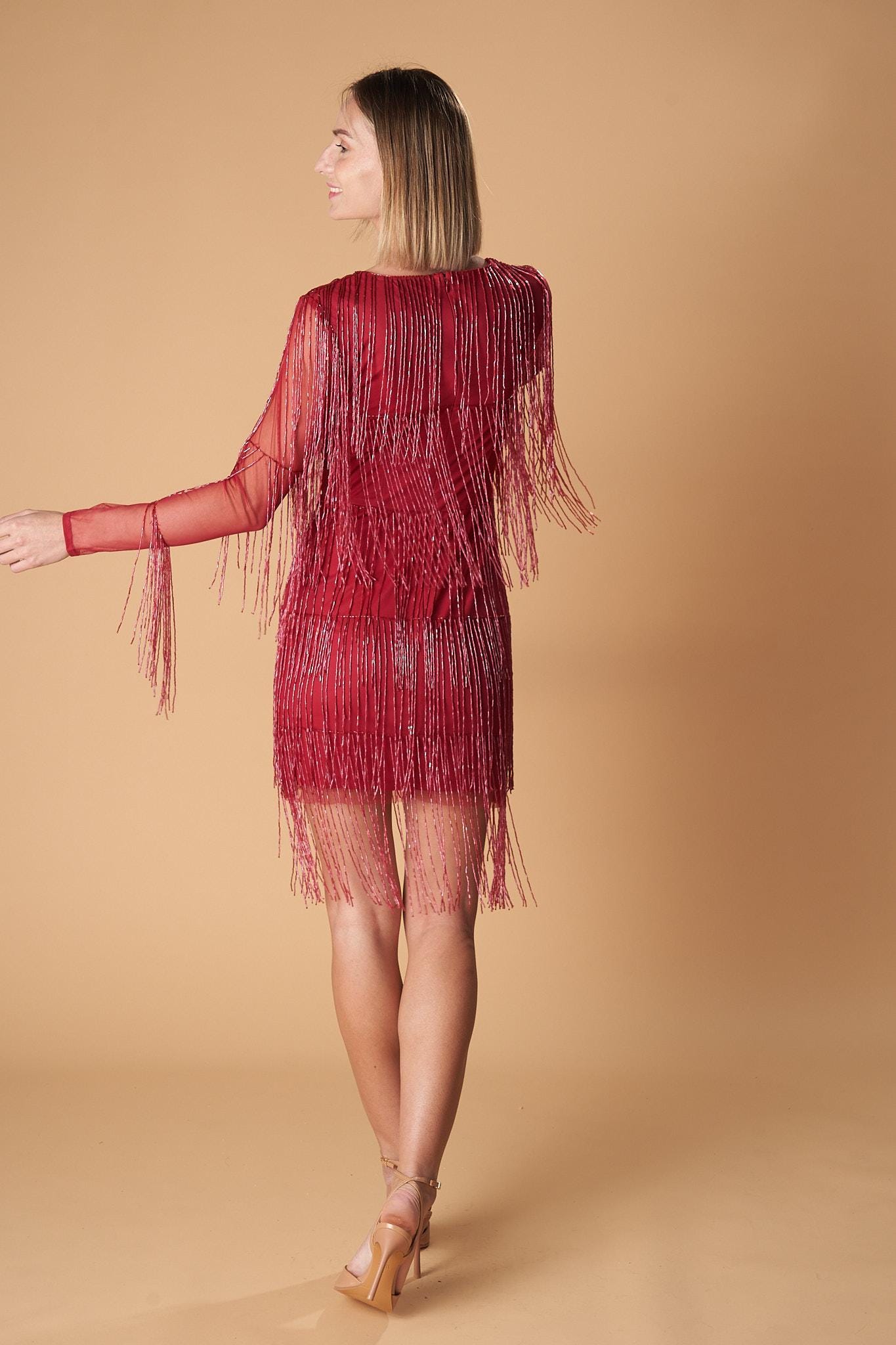 beaded fringe dress with sleeves Beaded Fringe One-Sleeve Short Party Dress