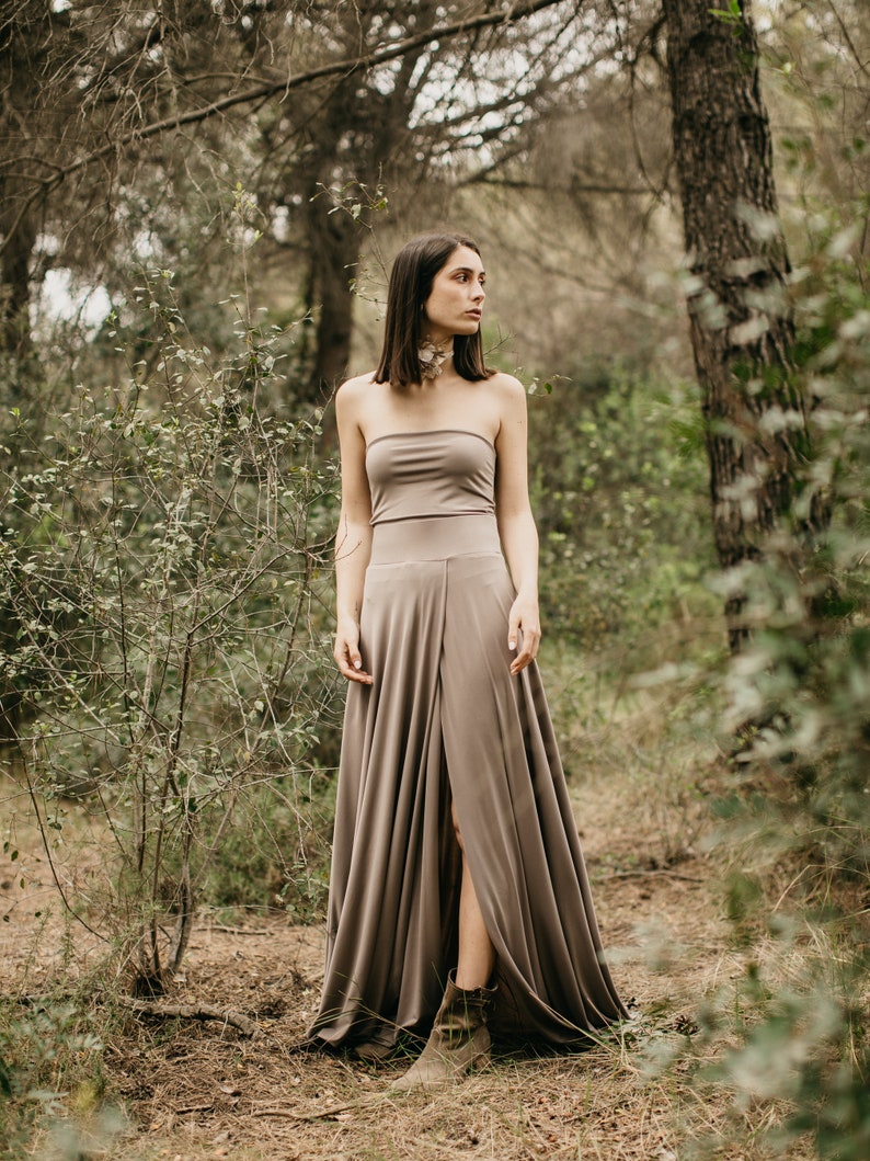 Maxi Mink Skirt, Long Skirt with Mink Bandeau Top, Asymmetrical Skirt, Boho Skirt, Skirt With Front Slit Handmade Satin Jersey Mink Skirt. image 1