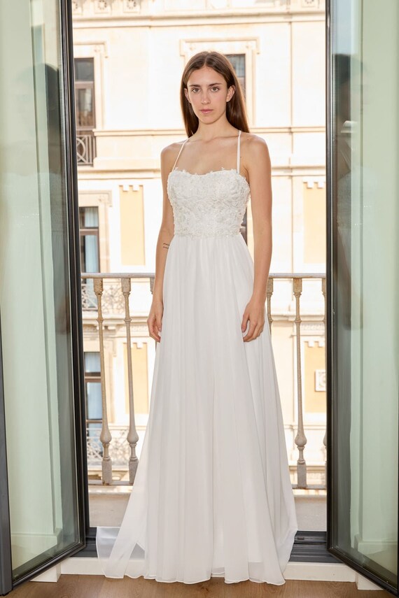 strapless open back dress Princess Satin Wedding Dresses Drop Waist V Neck Mermaid Bridal Wear Lace US12 / Ivory