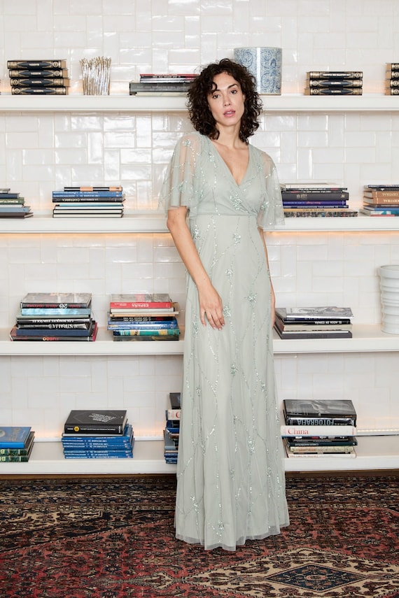 Embroidered Tulle Long Dress: Cape Sleeve Wedding Guest Gown