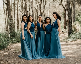 Long Blue Evening Dress with Jeans Tulle Overskirt, Long Teal Infinity Dress, Blue Infinity Bridesmaid Dress, Removable Tulle Overskirt..