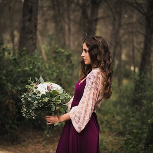 Bolero kant, bruiloft top van kant, aubergine midi-jurk met bloem kanten bolero, lange mouw bruids boho schouderophalen, roze kanten top, bruid
