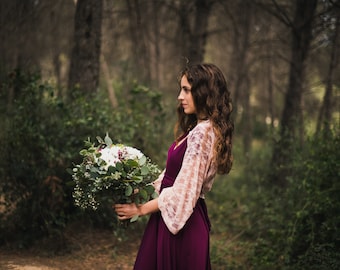 Lace Top Bolero, Wedding Top in Lace, Aubergine Midi Dress met een Flower Lace Bolero, Lange mouw Bruidsboho Bolero, Roze Lace Top, Bruid