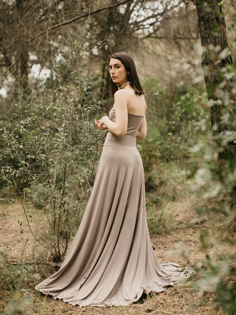 Maxi Mink Skirt, Long Skirt with Mink Bandeau Top, Asymmetrical Skirt, Boho Skirt, Skirt With Front Slit Handmade Satin Jersey Mink Skirt. image 4