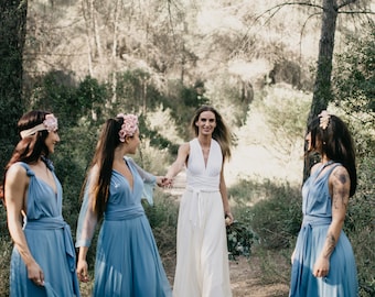 Long Jeans Evening Dress with Jeans Tulle Overskirt, Long Jeans Infinity Dress, Jeans Infinity Bridesmaid Dress, Removable Tulle Overskirt.