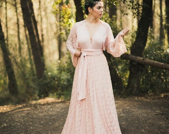 Pink Lace Infinity Dress: Romantic Wedding Gown with Overskirt & Bolero