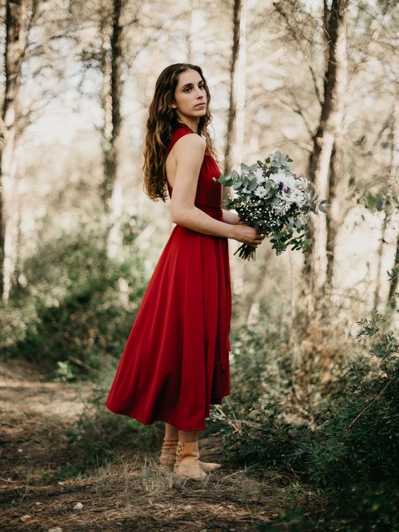 bridesmaid midi dresses uk A-line Halter Tea-length Dark Coral Bridesmaid Dress with Belt –  FancyVestido main image 1