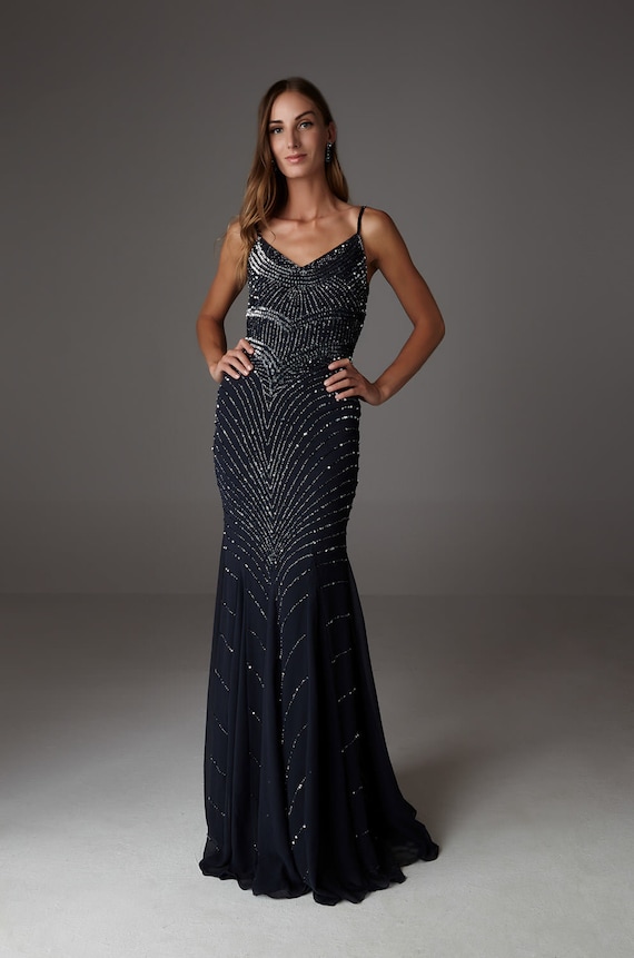 navy beaded bridesmaid dress Amarra 89089