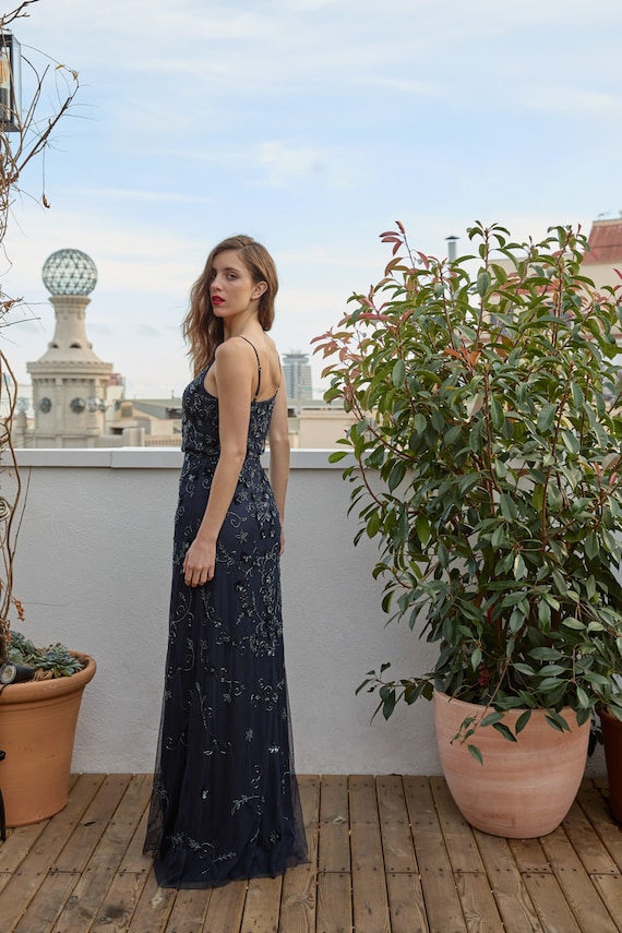 Floral Beaded Long Party Dress: Rhinestone Flowers, Thin Straps - Etsy