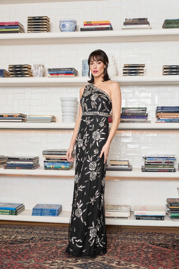 One Shoulder Sequin Prom Gown: Black Floral Silver Embellishment - Etsy