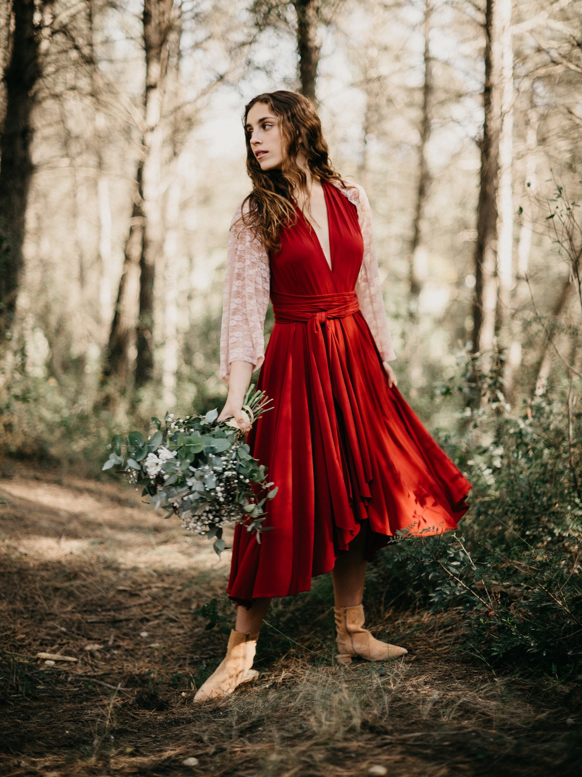 Burgundy Midi Dress With Flower Lace Bolero: Long Sleeve Bridal