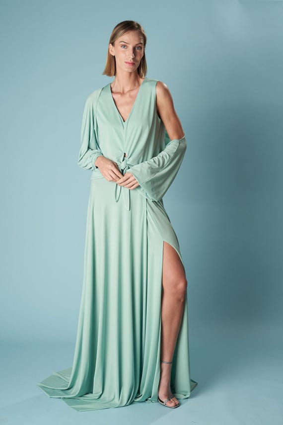 long sleeve mint bridesmaid dress Mint Green Bridesmaid Dresses,Long Prom Dress with Sleeves,Elegant Bridesmaid Dress,PD00337, US18W / Pink main image 1