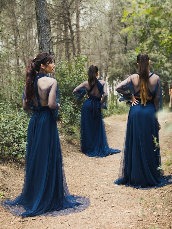 Long Navy Evening Dress Navy Tulle Overskirt With Long Navy Tulle Sleeves Navy Tulle Bolero Bridesmaid Dress Wrap Formal Dress. Etsy