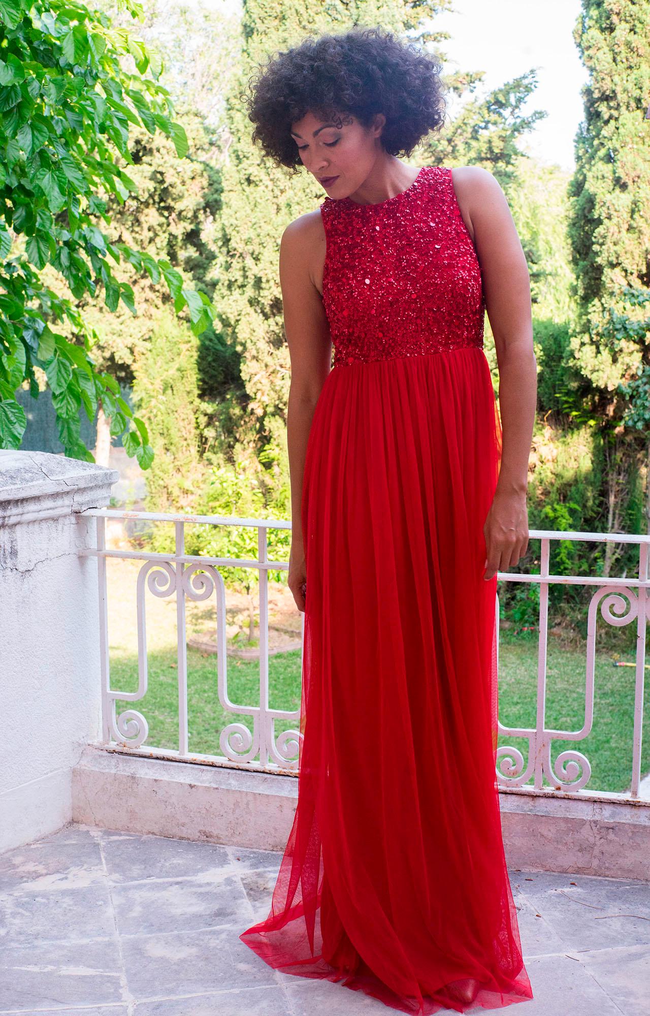 Red Sequin Embroidered Tulle Party Dress