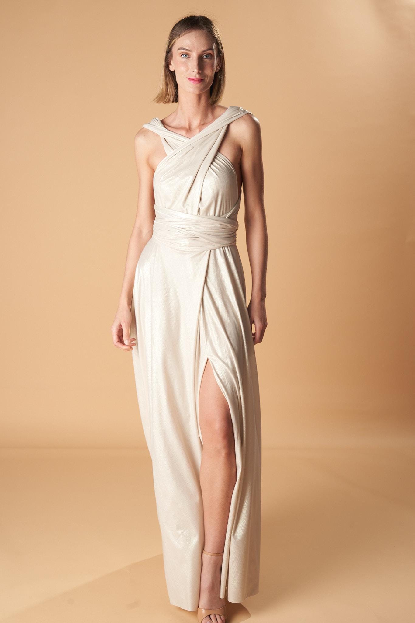 gold convertible bridesmaid dress Shiny Gold Convertible Dress: Multiway Wrap Bridesmaid Gown