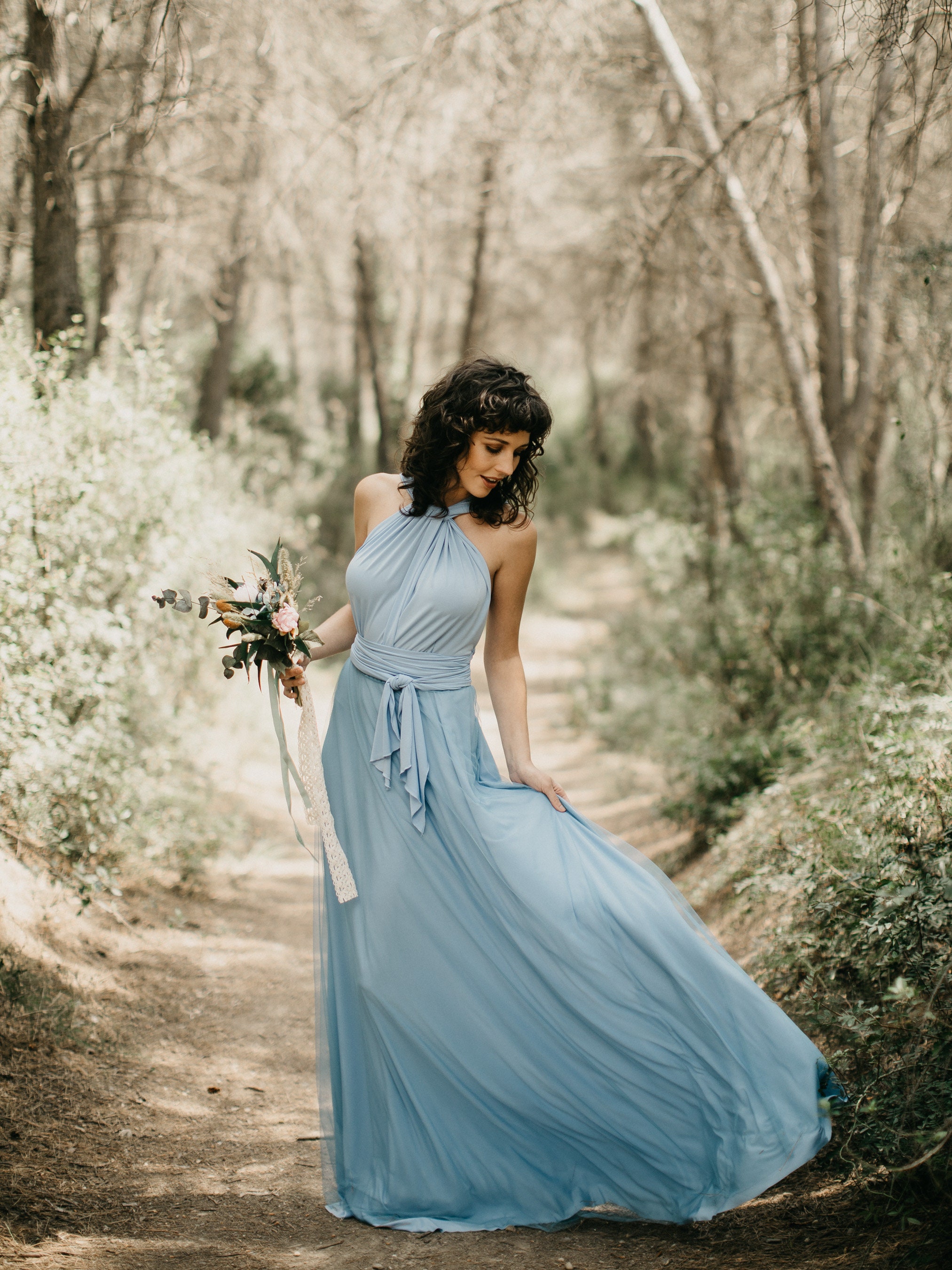 HOT ! Dusty Blue Infinity Dress With Tulle Light Blue Infinity Dress: Long Tulle Overskirt, Bridesmaid Evening Gown