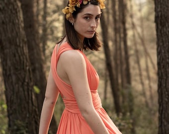 Salmon Satin Jersey Tube Top: Strapless Coral Crop Top