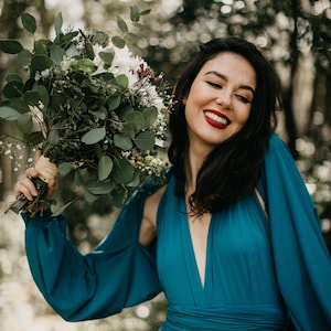 Teal Infinity Dress: Jersey Long Sleeves, Turquoise Wrap Ball Gown