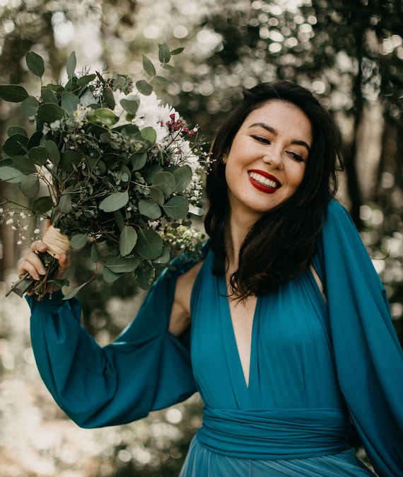 Teal Infinity Dress: Jersey Long Sleeves, Turquoise Wrap Ball Gown Teal Infinity Dress: Jersey Long Sleeves, Turquoise Wrap Ball Gown