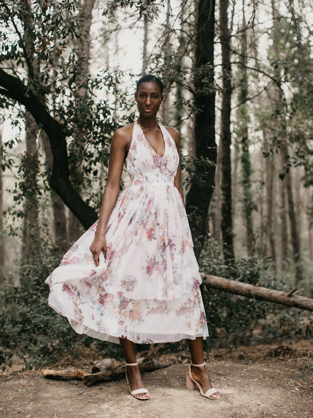 Floral Print Halter Midi Dress - Garden Party Cocktail Dress