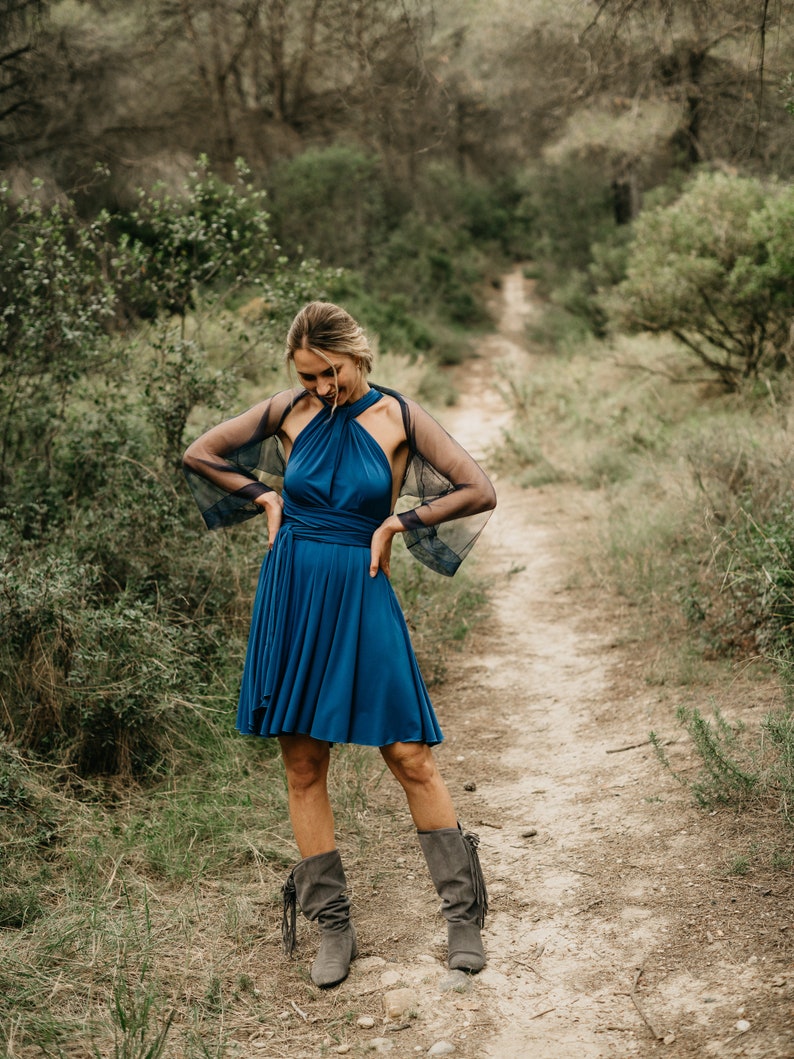 Navy Tulle Top Shrug, Top Bolero in Tulle, Mini Dress Cobalt, Long Sleeve Formal Bolero, Long Sleeve Boho Bolero, Evening Tulle Top Bolero. image 2