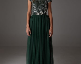 Sequin Party Dress: Tulle Skirt, Open Back Evening Gown